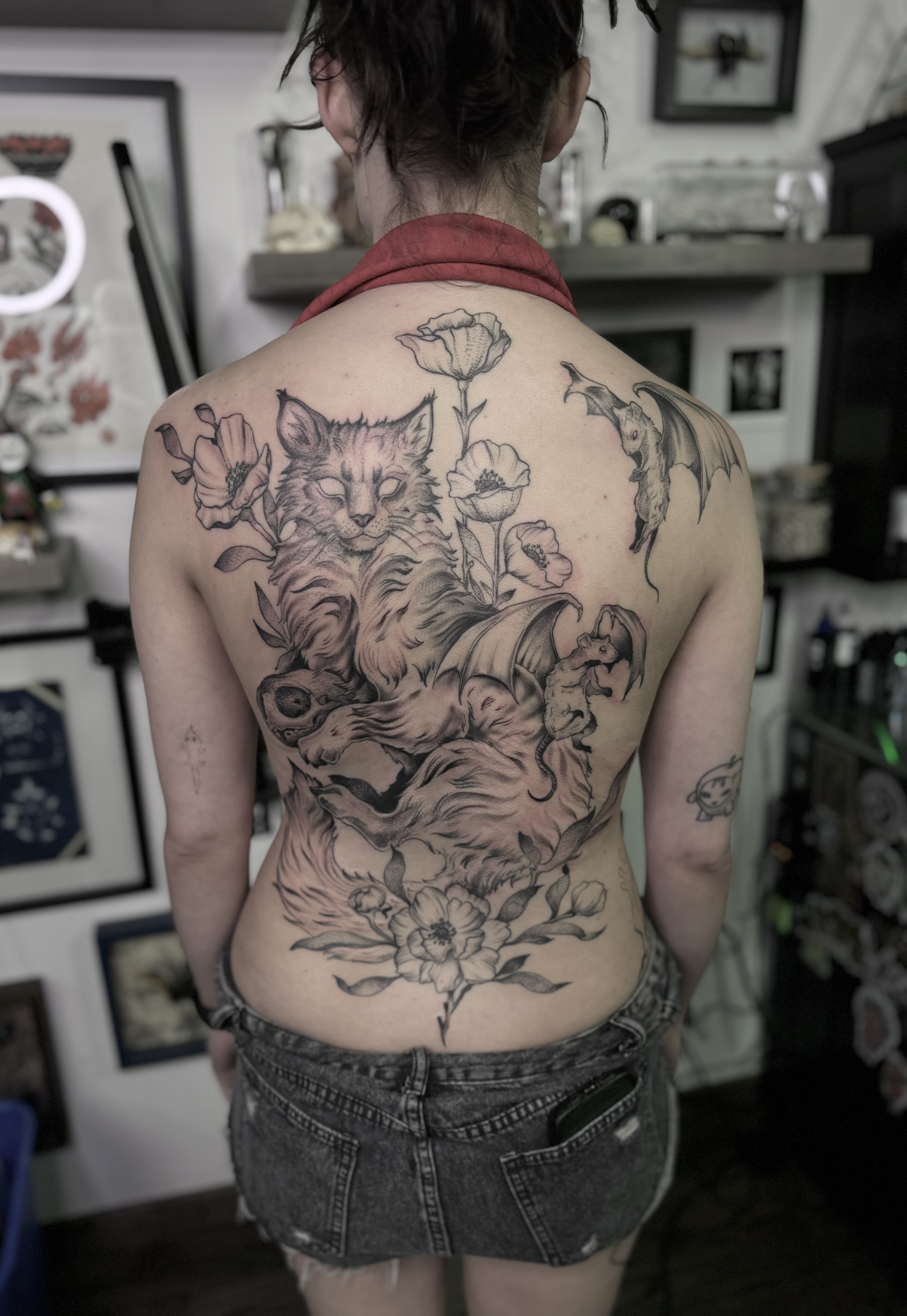 Large back piece illustrative tattoo by Cesar — Gold Scarab Tattoo Seattle