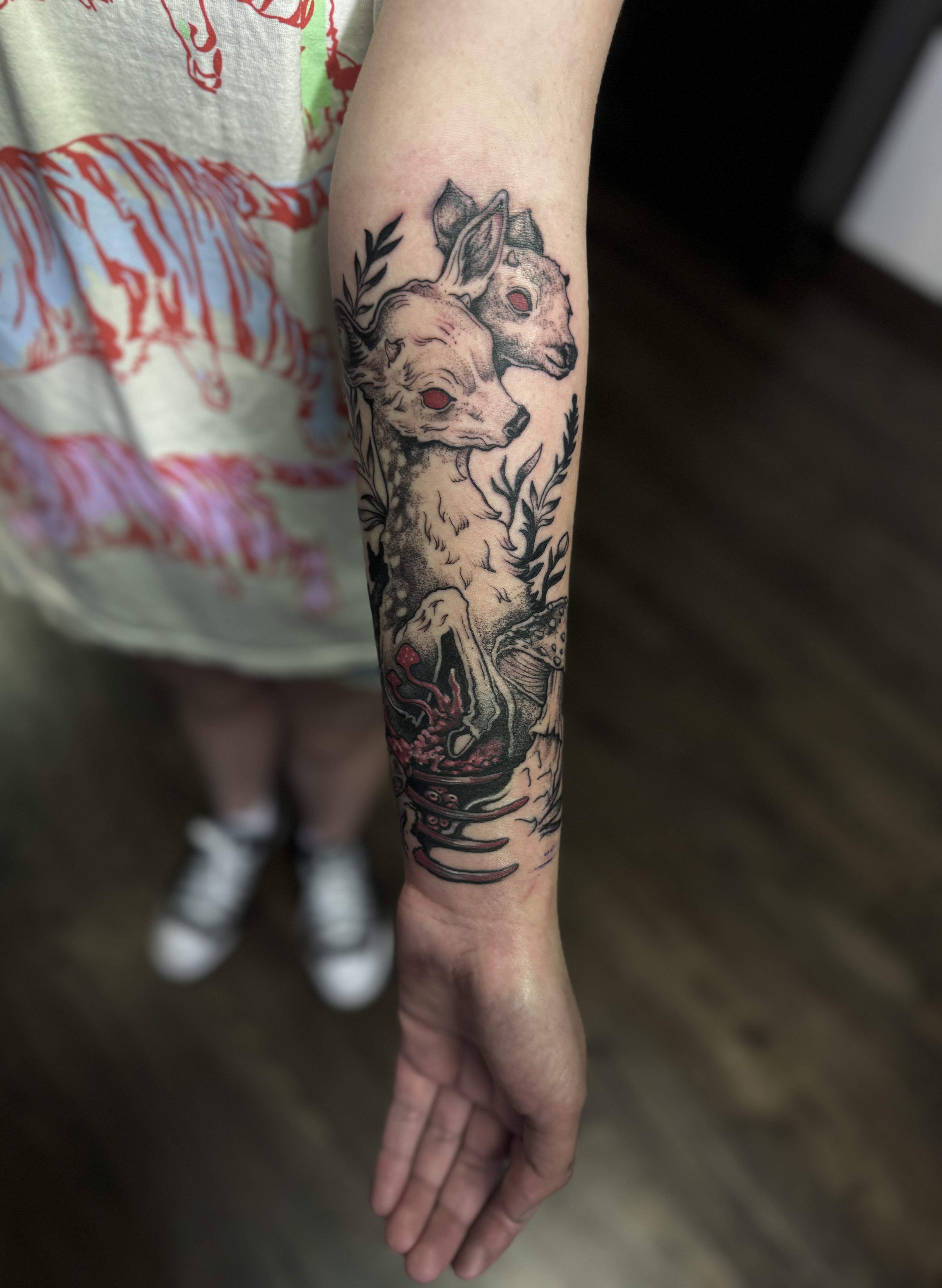 Illustrative double headed deer tattoo by Cesar — Gold Scarab Tattoo Seattle
