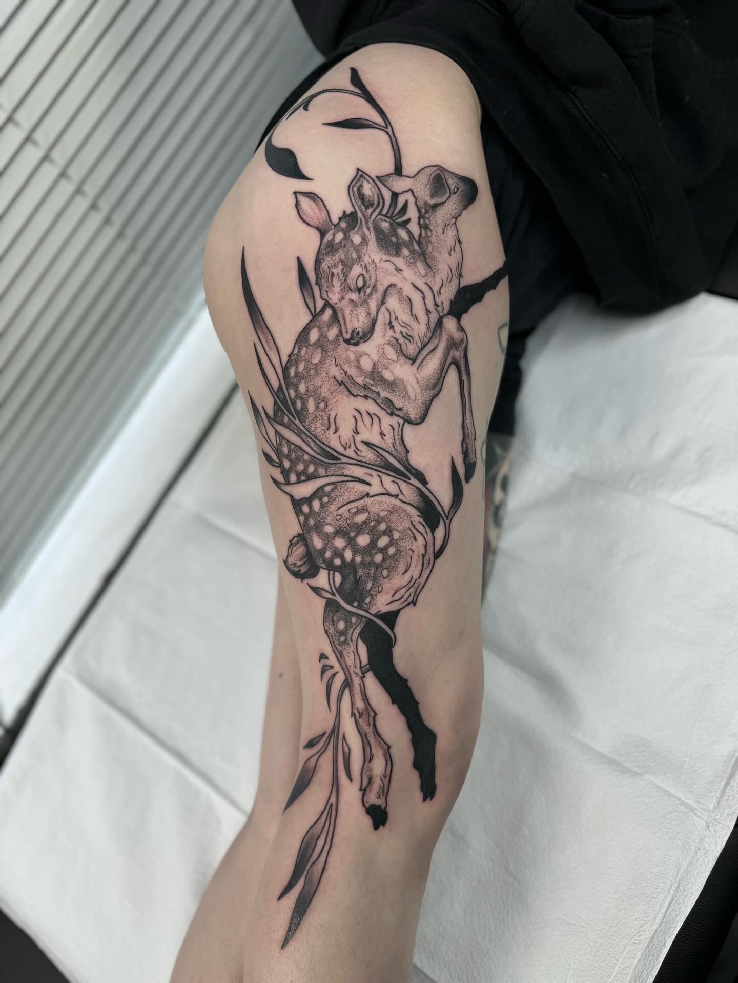 Illustrative deer tattoo by Cesar — Gold Scarab Tattoo Seattle