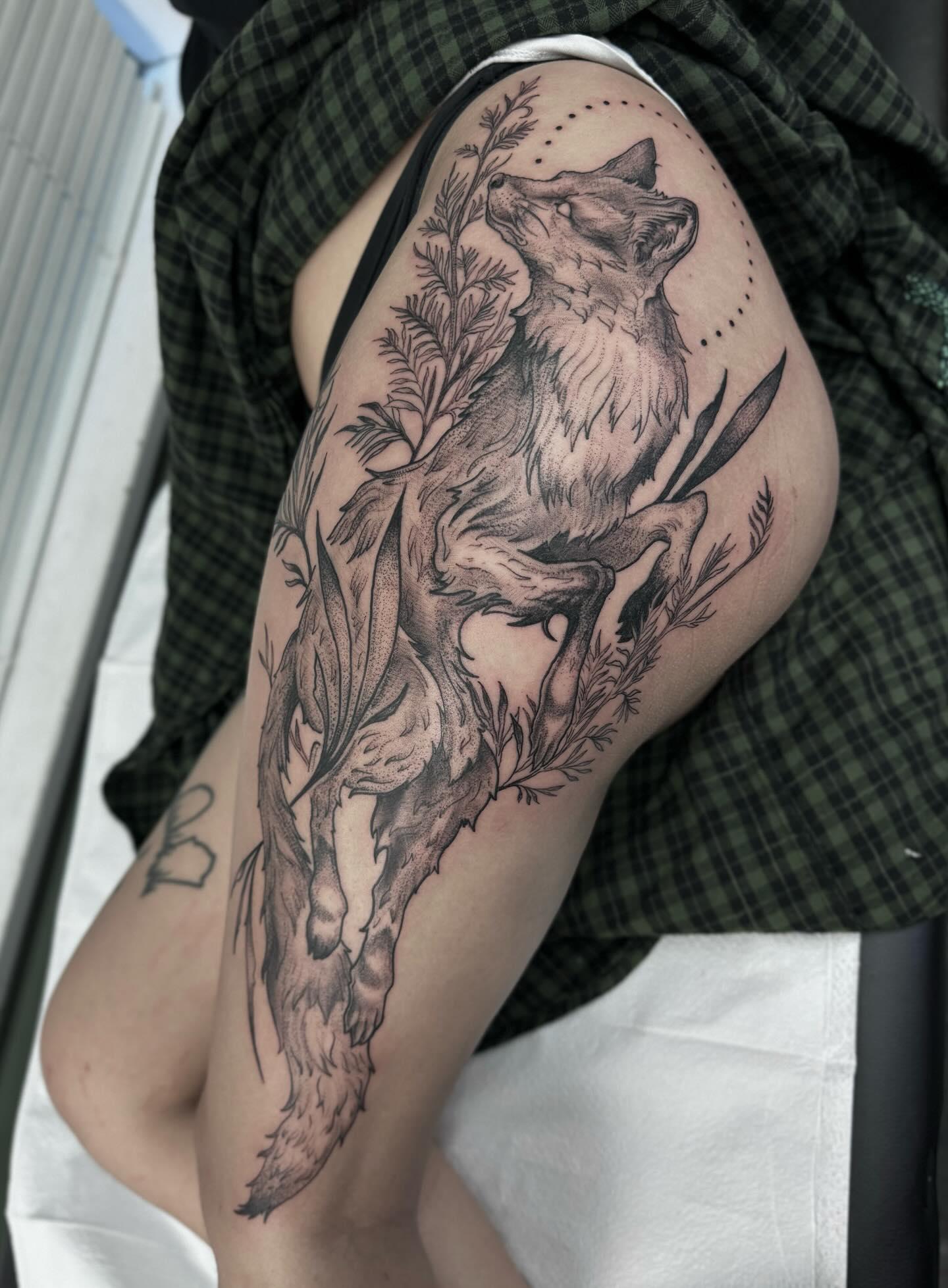 Illustrative fox tattoo by Cesar — Gold Scarab Tattoo Seattle