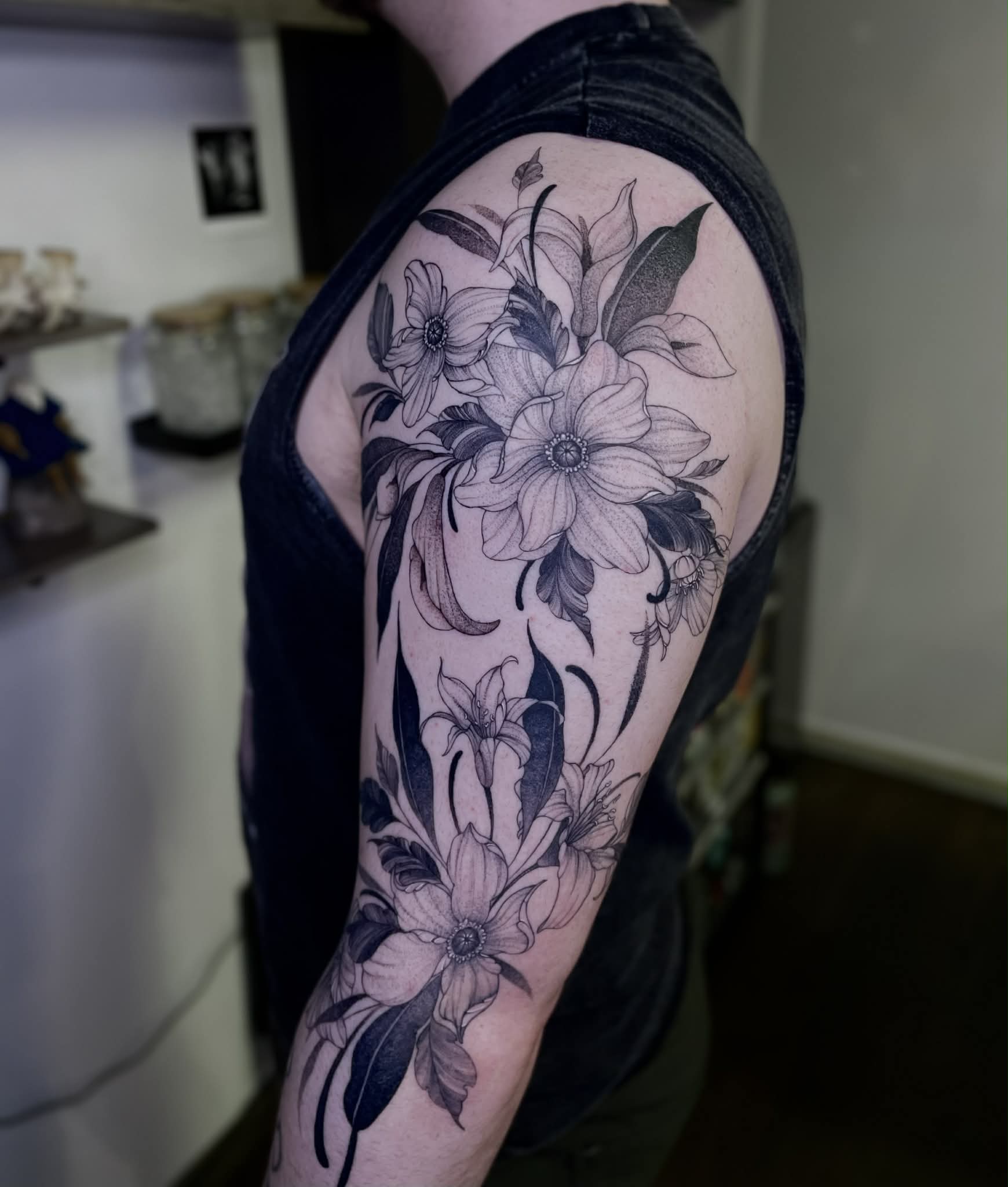 Fine line floral sleeve tattoo by Jena — Gold Scarab Tattoo Seattle
