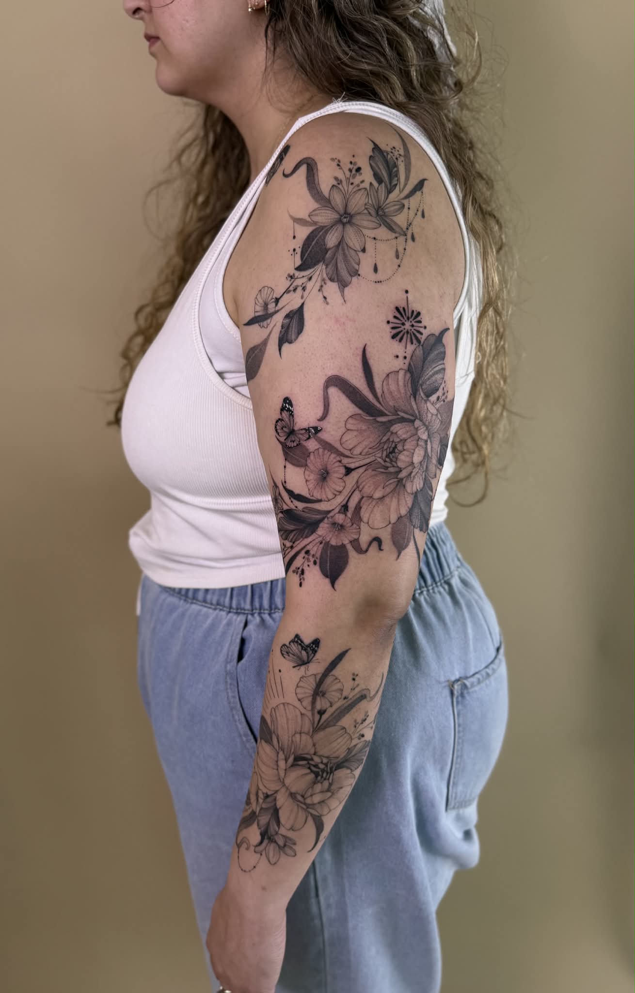 Fine line floral sleeve by Jena — Gold Scarab Tattoo Seattle