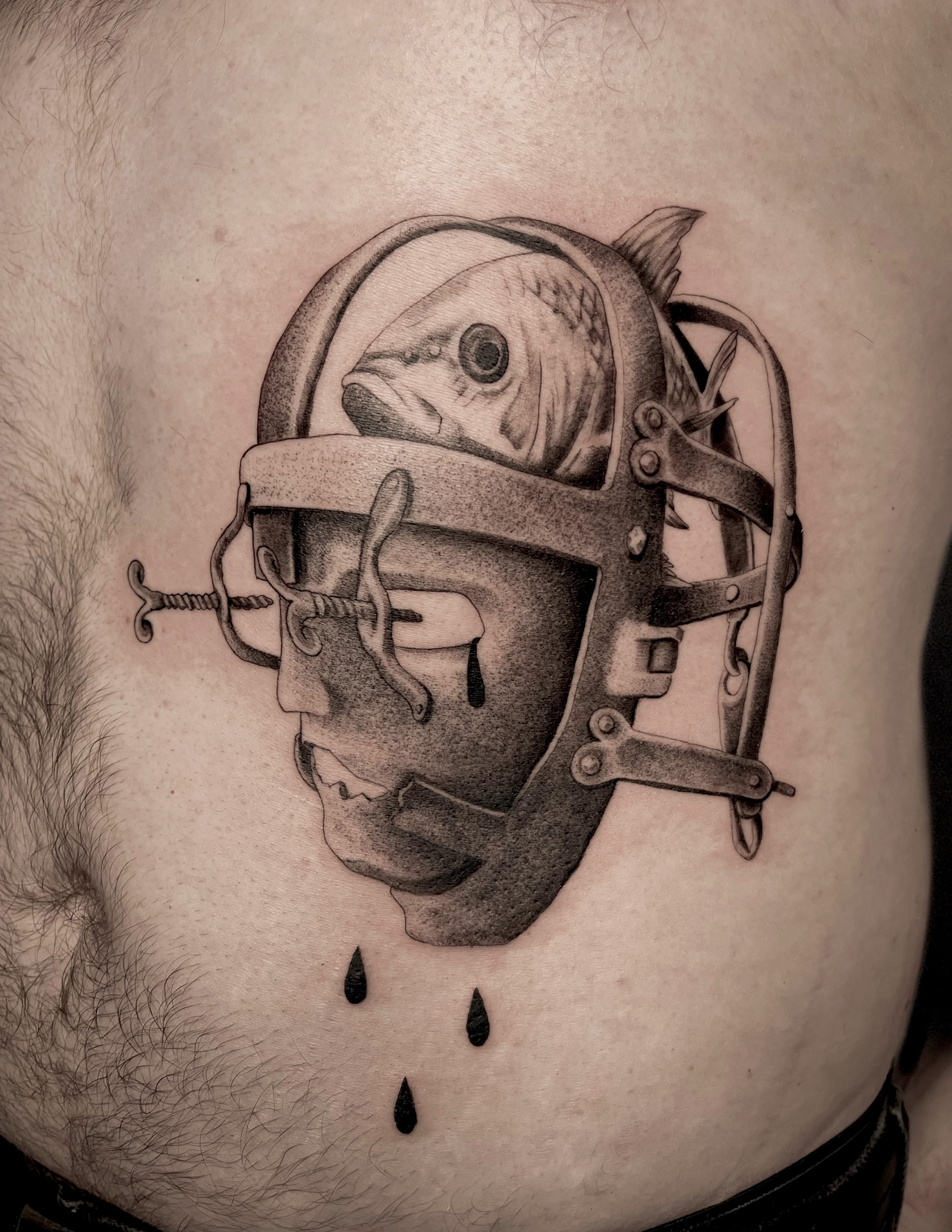 Micro-realism fish helmet tattoo by Norb — Gold Scarab Tattoo Seattle