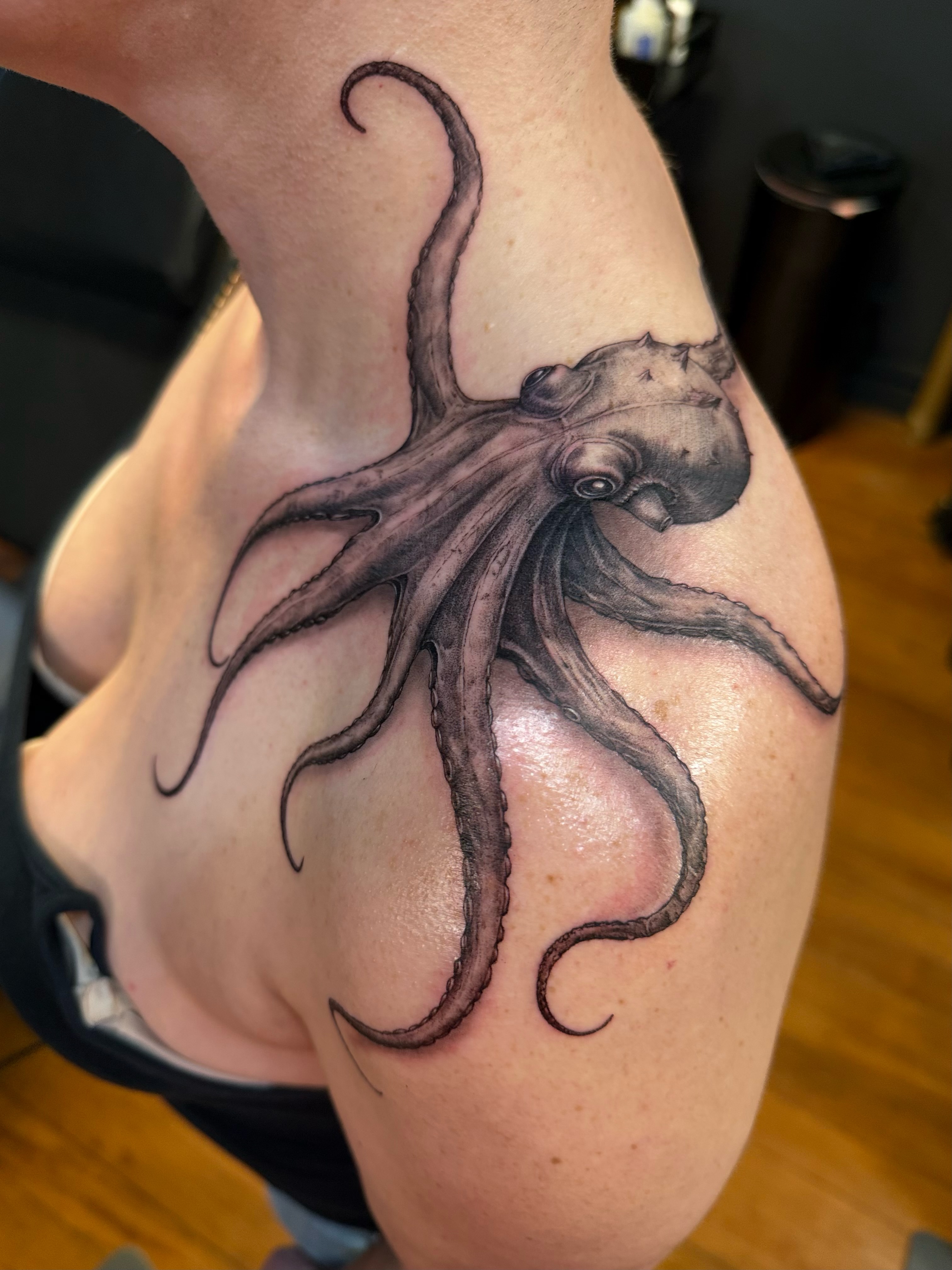 Micro-realism octopus tattoo by Wolfe — Gold Scarab Tattoo Seattle